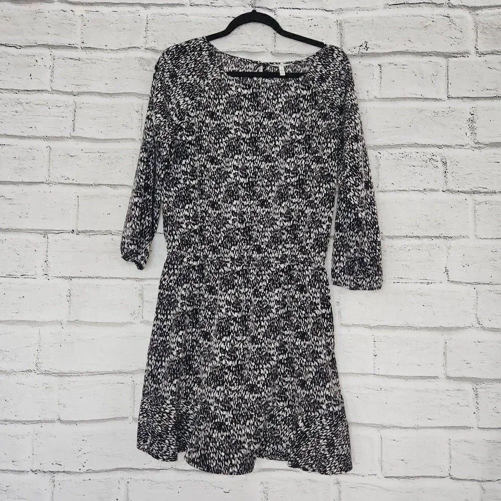 Joie Womens Medium Fit And Flare Black White Dress Knee Length Long Sleeve
